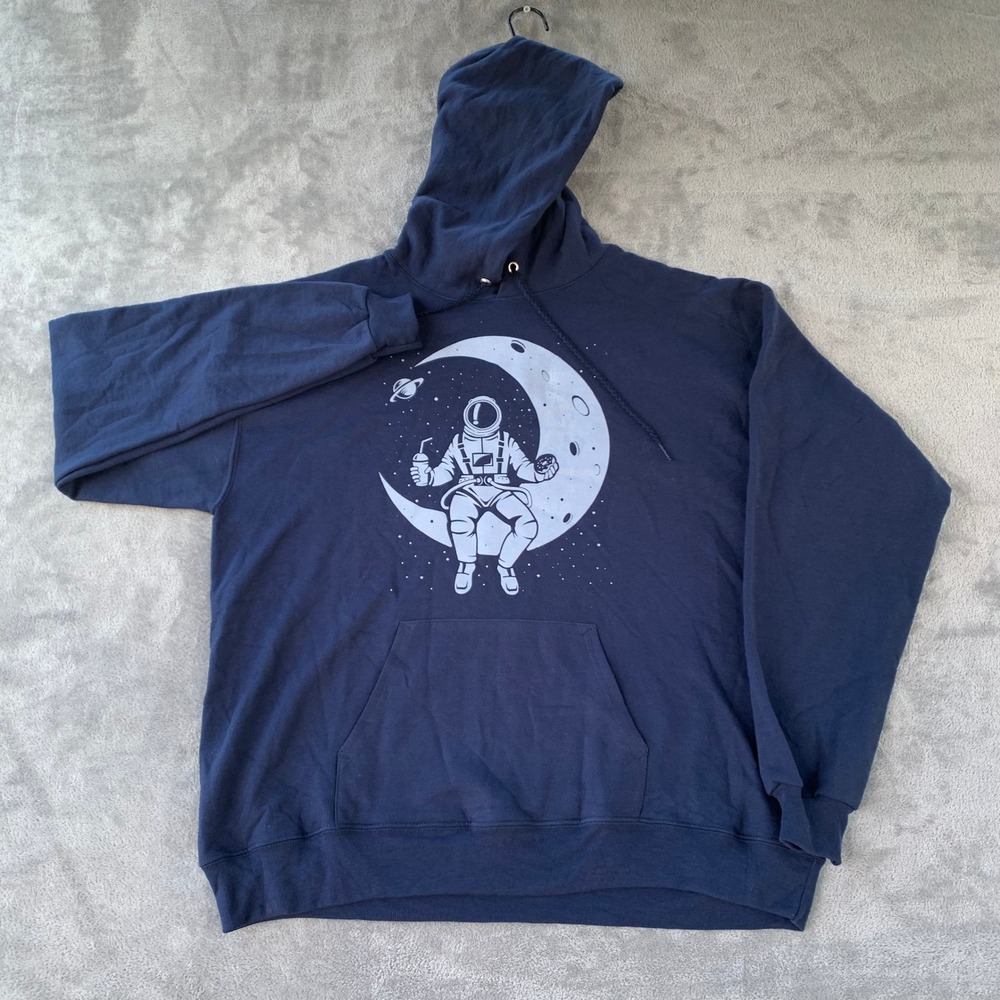 EcoSmart Hoodie Astronaut Moon Graphic Pullover Sweatshirt Blue Mens Large Hanes